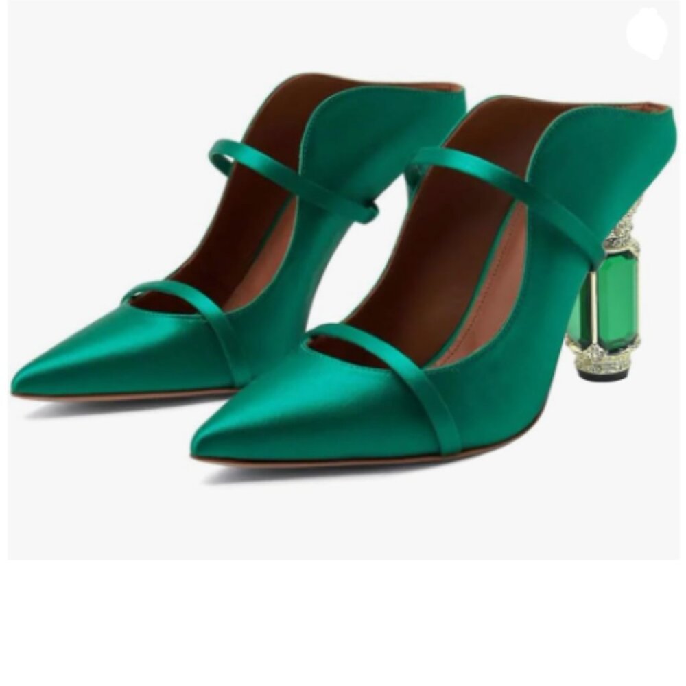 FSJ Emerald Pointed Toe Mules Crystal High Heel Sandals Slip On Two Strap Shoes